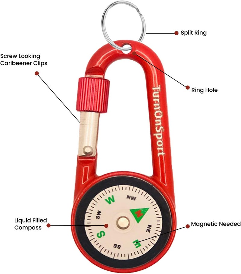 TurnOnSport Carabiner Clip On Compass Hiking - Compact Compass Keychain Backpacks | Small Pocket Magnetic Compass Keychain for Kids - Hiking Compass Twist Lock | Keyring Keychains Outdoor Survival Camping 2 pcs - Image 1